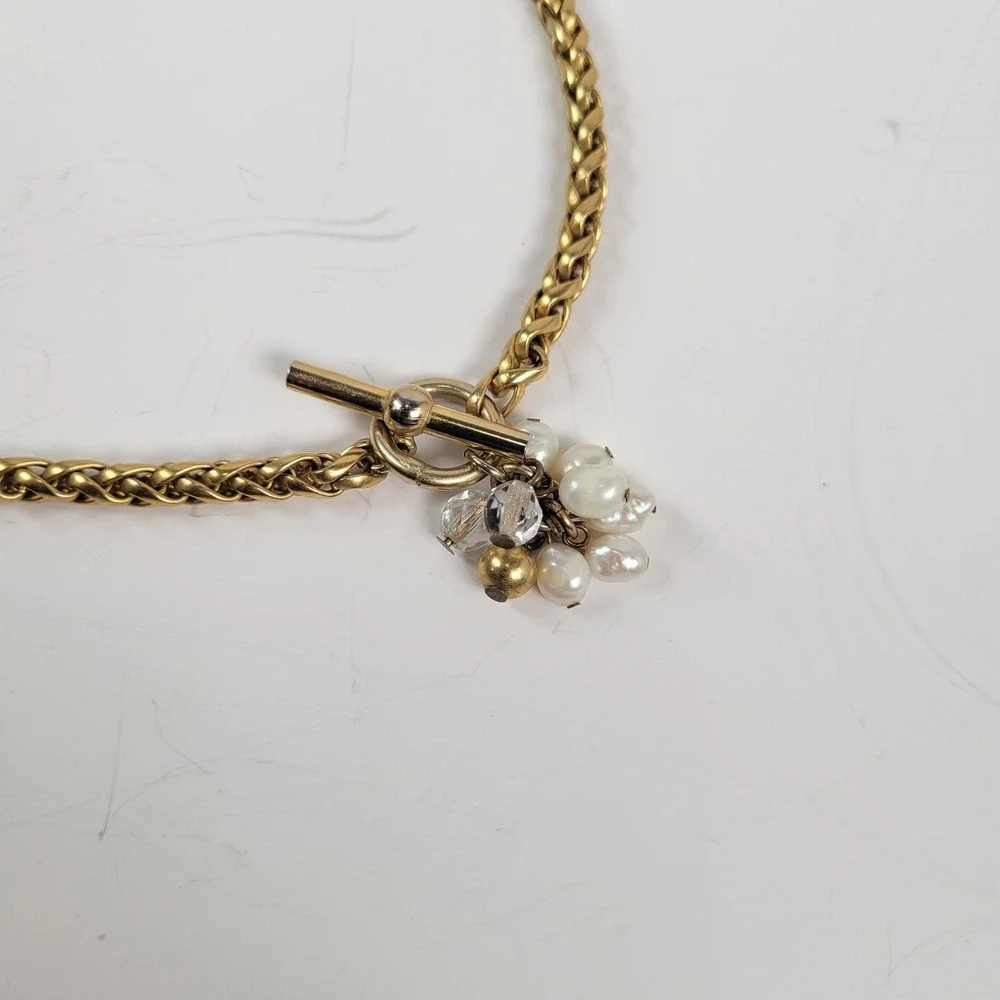 Gold‎ Tone Chain Necklace Toggle Clasp Faux Pearl Bead Charm Heavy16in Jewelry